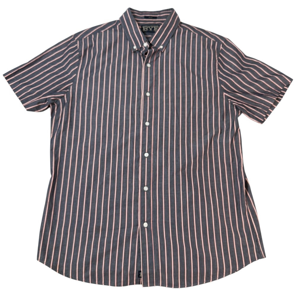 RYE Hawker Men's Slim Fit Short Sleeve Button Down Shirt Size L Grey Stripe